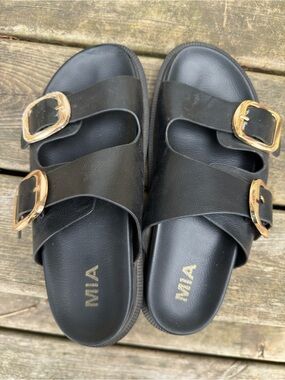 MIA Black Slide Sandals with Gold Buckles